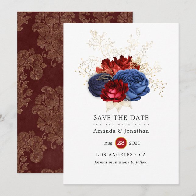 Navy, Red and Gold Floral Wedding Save The Date (Front/Back)