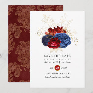 Navy, Red and Gold Floral Wedding Save The Date