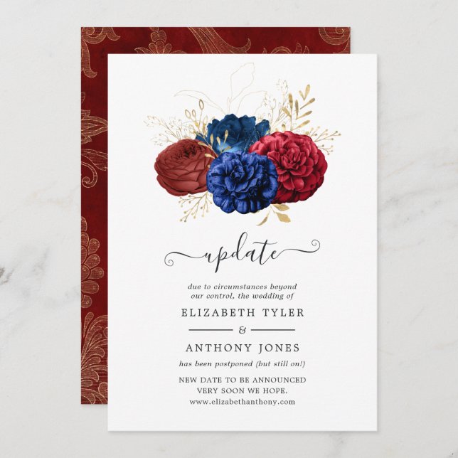 Navy, Red and Gold Floral Wedding Update Invitation (Front/Back)