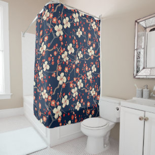 Navy Red Cherry Blossom Japanese Floral