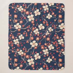 Navy Red Cherry Blossom Japanese Floral Sherpa Blanket
