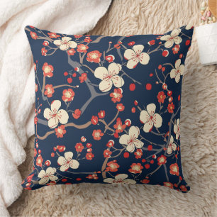 Navy Red Cherry Blossom Japanese Floral Throw Pillow