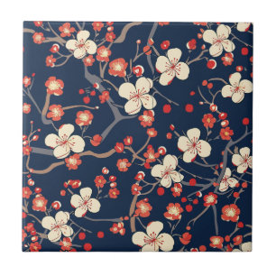 Navy Red Cherry Blossom Japanese Floral Tile