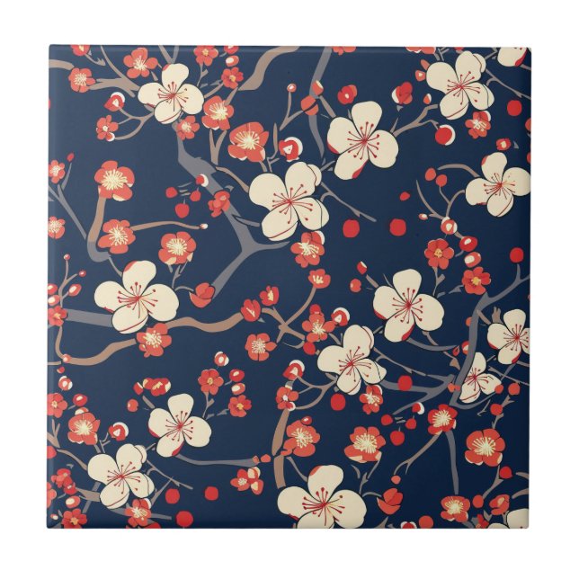 Navy Red Cherry Blossom Japanese Floral Tile (Front)