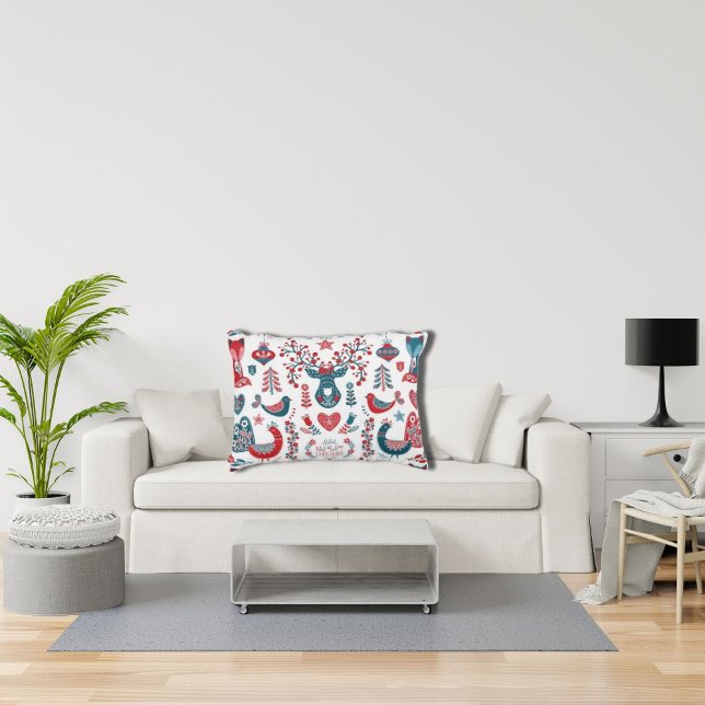 Navy Red Christmas Scandinavian Folk Art Design Accent Pillow (Creator Uploaded)