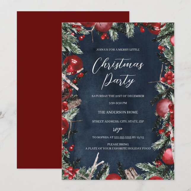 Navy Red Christmas Wreath Festive Floral Party  Invitation (Front/Back)