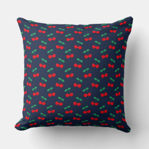 Navy & Red Cute Summer Red Cherries Throw Pillow