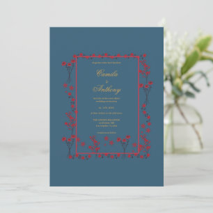 Navy Red Floral Border Wedding Invitation