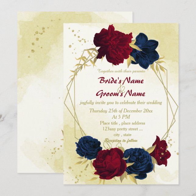 navy red flowers gold leaves geometric wedding invitation (Front/Back)