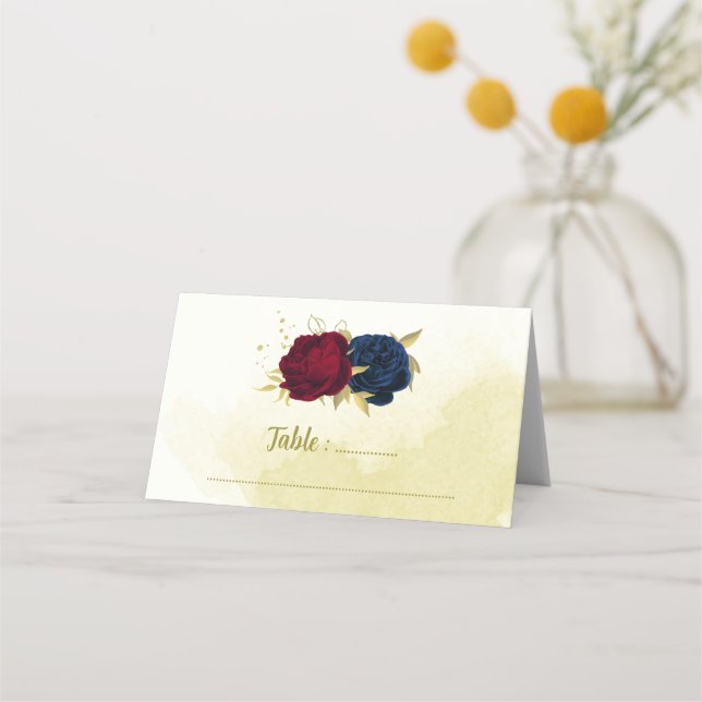 navy red flowers gold leaves place card (Front)