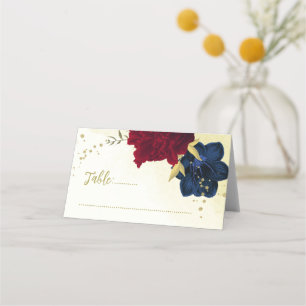 navy red flowers gold leaves place card