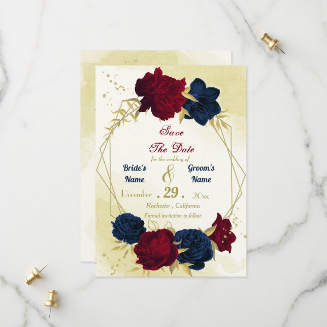 navy red flowers gold leaves save the date (Front/Back In Situ)