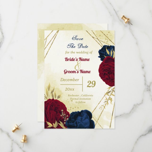 navy red flowers gold leaves save the date (Front/Back In Situ)