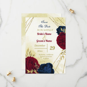navy red flowers gold leaves save the date