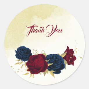 navy red flowers gold leaves wedding classic round sticker