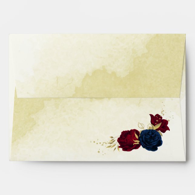 navy red flowers gold leaves wedding envelope (Back (Top Flap))
