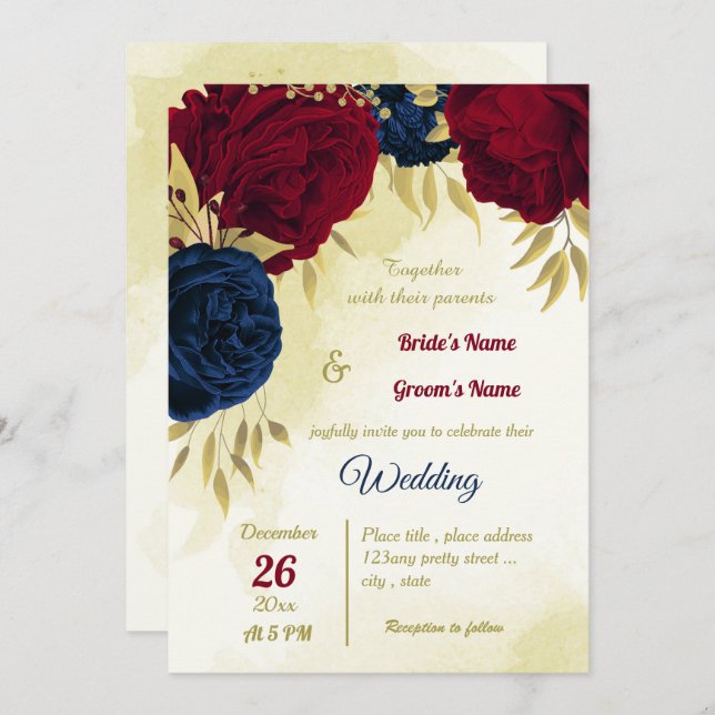 navy red flowers gold leaves wedding invitation (Front/Back)