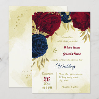 navy red flowers gold leaves wedding invitation