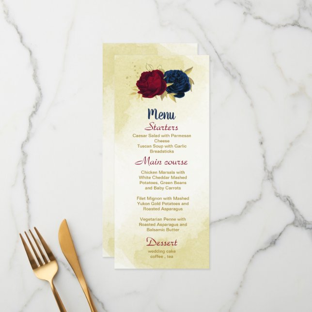 navy red flowers gold leaves wedding menu (Front/Back In Situ)