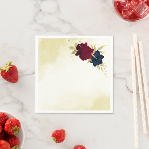 navy red flowers gold leaves wedding napkin