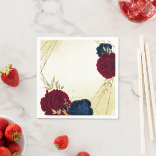 navy red flowers gold leaves wedding napkin