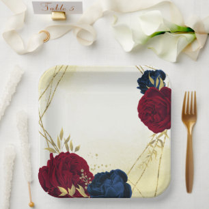 navy red flowers gold leaves wedding paper plate