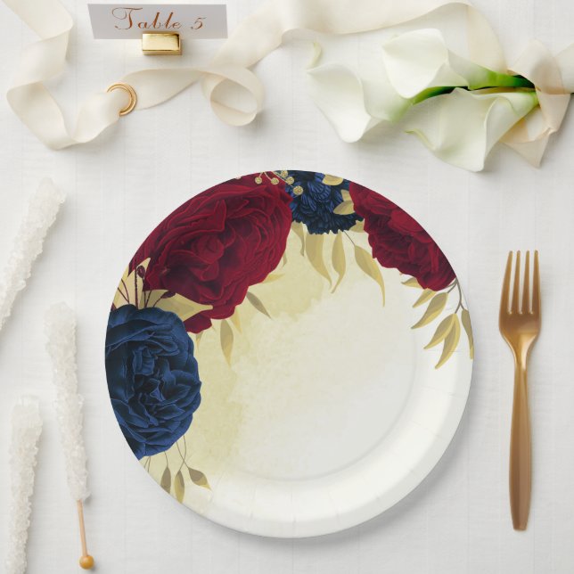 navy red flowers gold leaves wedding paper plate (Wedding)