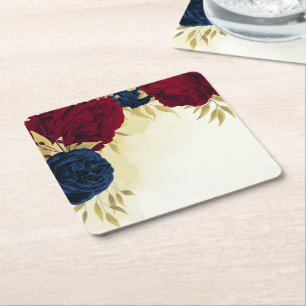 navy red flowers gold leaves wedding square paper coaster