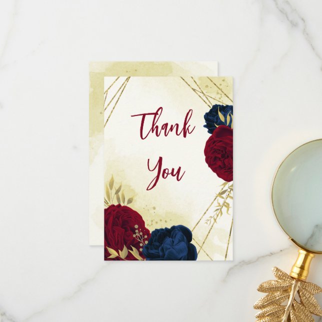 navy red flowers gold leaves wedding thank you card (Front/Back In Situ)