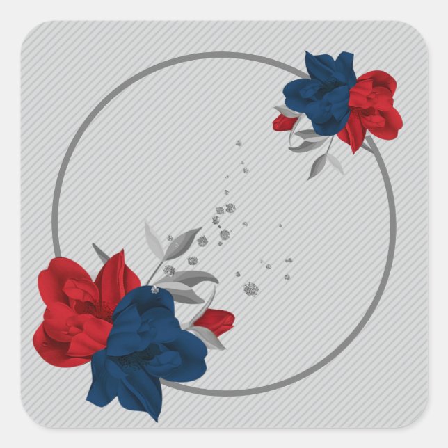 navy & red flowers grey leaves wreath square sticker (Front)