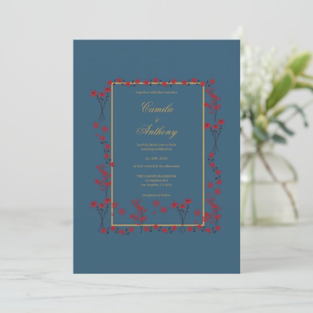 Navy Red Gold Floral Border Wedding Invitation (Standing Front)