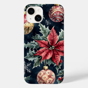 Navy Red Gold Poinsettia Christmas Pattern Case-Mate iPhone 14 Case
