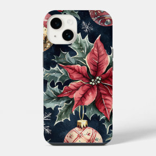Navy Red Gold Poinsettia Christmas Pattern iPhone 14 Case