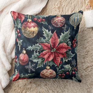 Navy Red Gold Poinsettia Christmas Pattern Throw Pillow