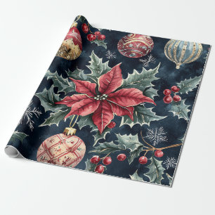 Navy Red Gold Poinsettia Christmas Pattern Wrapping Paper