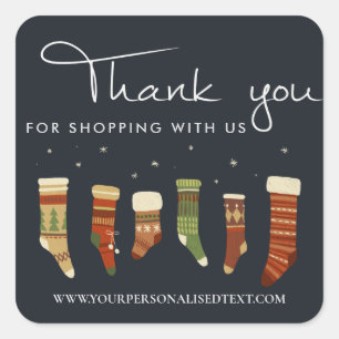 NAVY RED GREEN CHRISTMAS STOCKING SOCKS THANK YOU SQUARE STICKER
