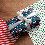 Navy Red Green Cute Cozy Christmas Patterns Wrapping Paper Sheet<br><div class="desc">Cute Christmas wrapping papers in three matching designs. One with snowmen,  Santas,  spruce needles,  steaming cups of cocoa,  and more. One with holly,  and one with peppermint stripes.</div>