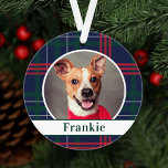 Navy Red Green Tartan Plaid Custom Dog Photo Ornament<br><div class="desc">The perfect holiday decoration for the pet lovers in your family! Stylish and festive holiday ornament features a favorite photo of your puppy dog (or other pet) with hunter green monogram text that can be personalized with their name and a classic navy blue, hunter green and red Scottish tartan plaid...</div>