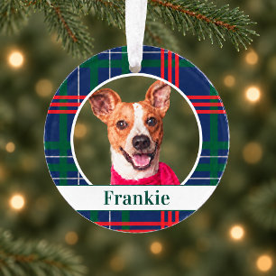 Navy Red Green Tartan Plaid Custom Dog Photo Ornament