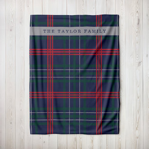 Navy Red Green Tartan Plaid Family Name Fleece Blanket