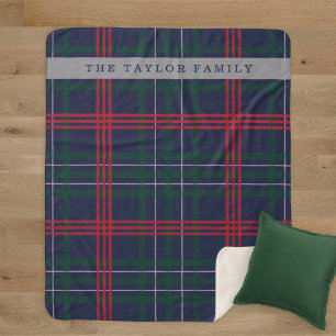 Navy Red Green Tartan Plaid Family Name Sherpa Blanket