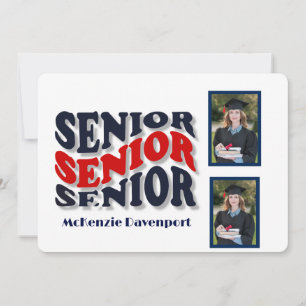 Navy Red Groovy Senior 2 Photo Collage Graduation Invitation