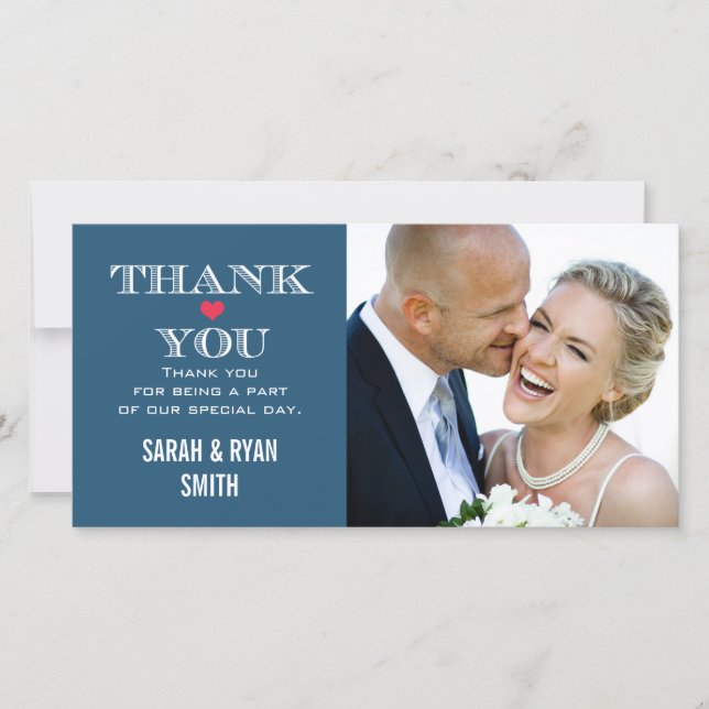 Navy Red Heart Wedding Photo Thank You Cards (Front)