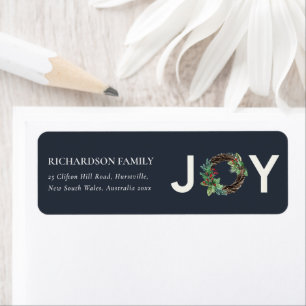 NAVY RED HOLLY BERRY JOY WREATH CHRISTMAS ADDRESS