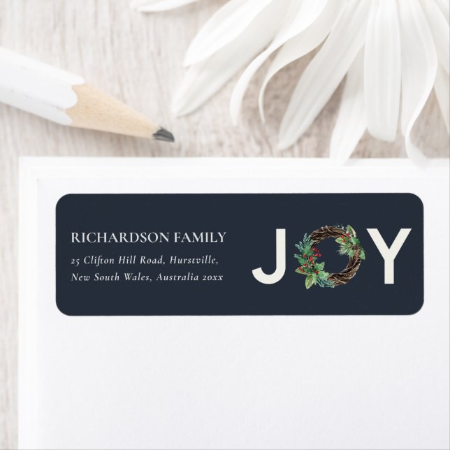 NAVY RED HOLLY BERRY JOY WREATH CHRISTMAS ADDRESS (Insitu)