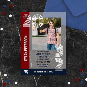 Navy Red Multiline Font Photos Graduation Party Acrylic Invitations