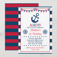Navy & Red Nautical Anchor 1st Birthday