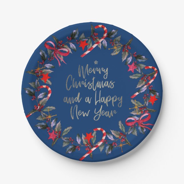 Navy Red Omela Christmas Wreath Paper Plate (Front)