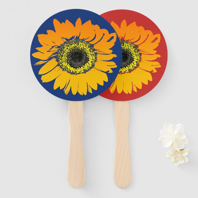 Navy Red Orange Yellow Sunflower Hand Fans (Front and Back)