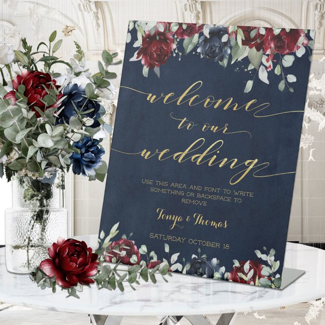 Navy Red Peony Gold Calligraphy Welcome Wedding Pedestal Sign (Creator Uploaded)